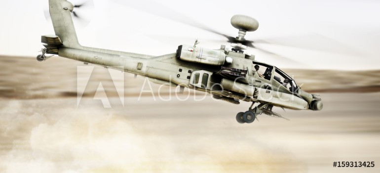 Picture of Attack Apache longbow helicopter gunship flying fast and low with dust debris in its wake 3d rendering